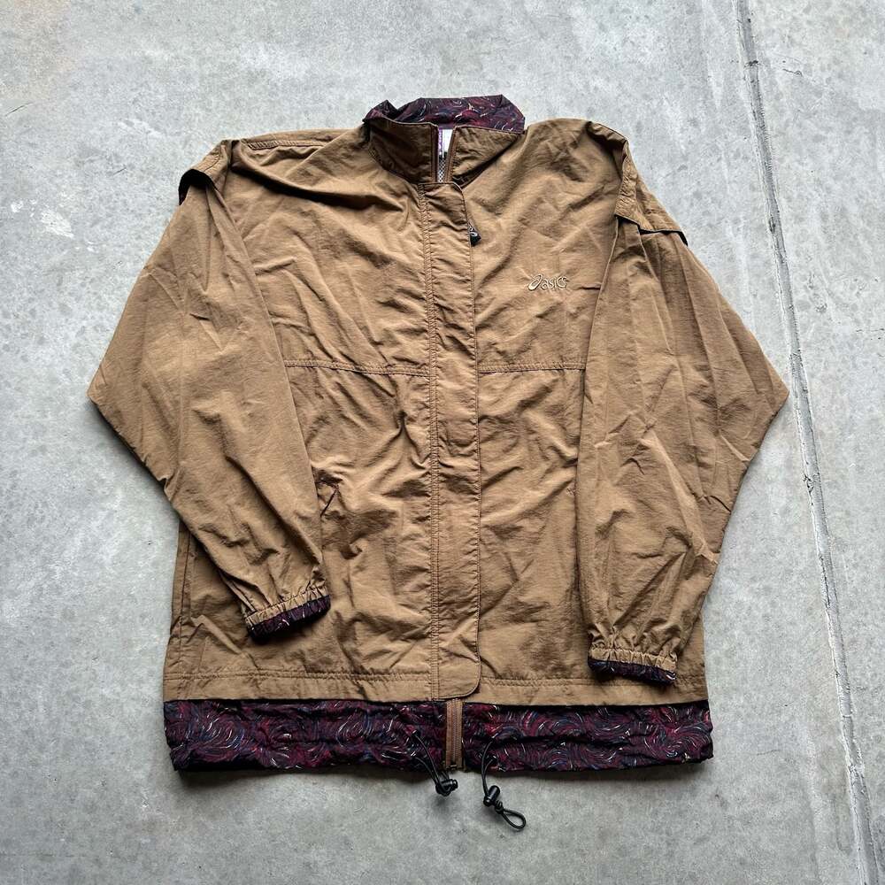 Vintage Asics Brown Nylon Windbreaker with Abstract Patterned Trim
